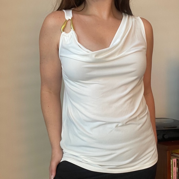 INC White Drape Neck Tank Top Size XS Cowl Neck One Shoulder Minimal Chic Fitted - Picture 9 of 9